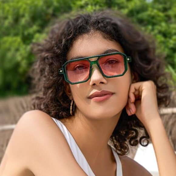 Retro Square 70s Flat Aviator Sunglasses Women Men Vintage Trendy Plastic Frame - Picture 3 of 6